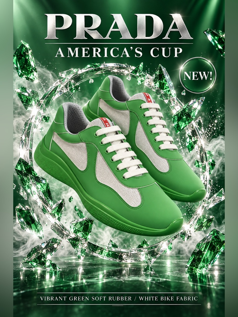 Prada America's Cup Vibrant Green Soft Rubber/White Bike Fabric Sneakers🔥New!